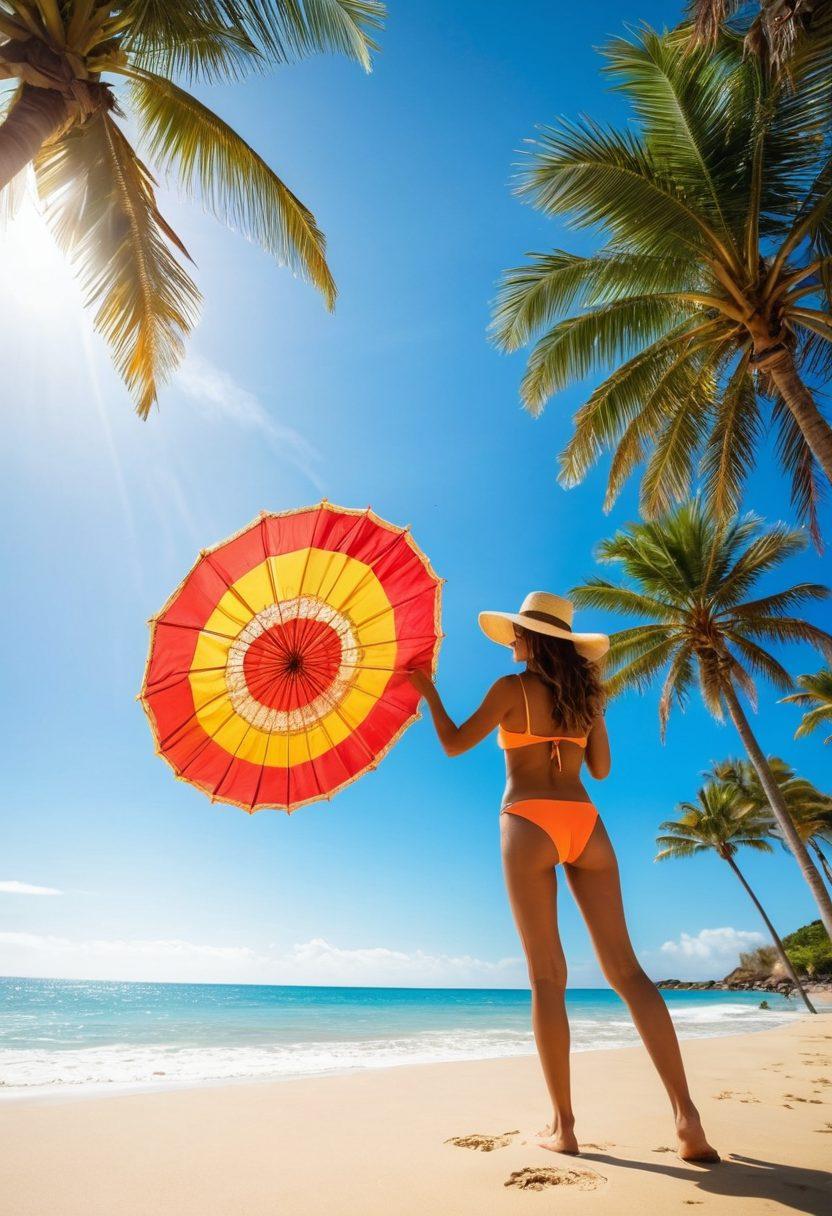 A vibrant beach scene featuring diverse individuals showcasing trendy summer outfits, including bright swimsuits, airy cover-ups, and stylish hats. The sun shines brightly over golden sands, with colorful beach umbrellas and palm trees in the background. Capture the essence of leisure and fun by incorporating playful beach activities like frisbee and surfing. The overall atmosphere should emanate warmth, relaxation, and trendiness. super-realistic. vibrant colors. bright blue sky.